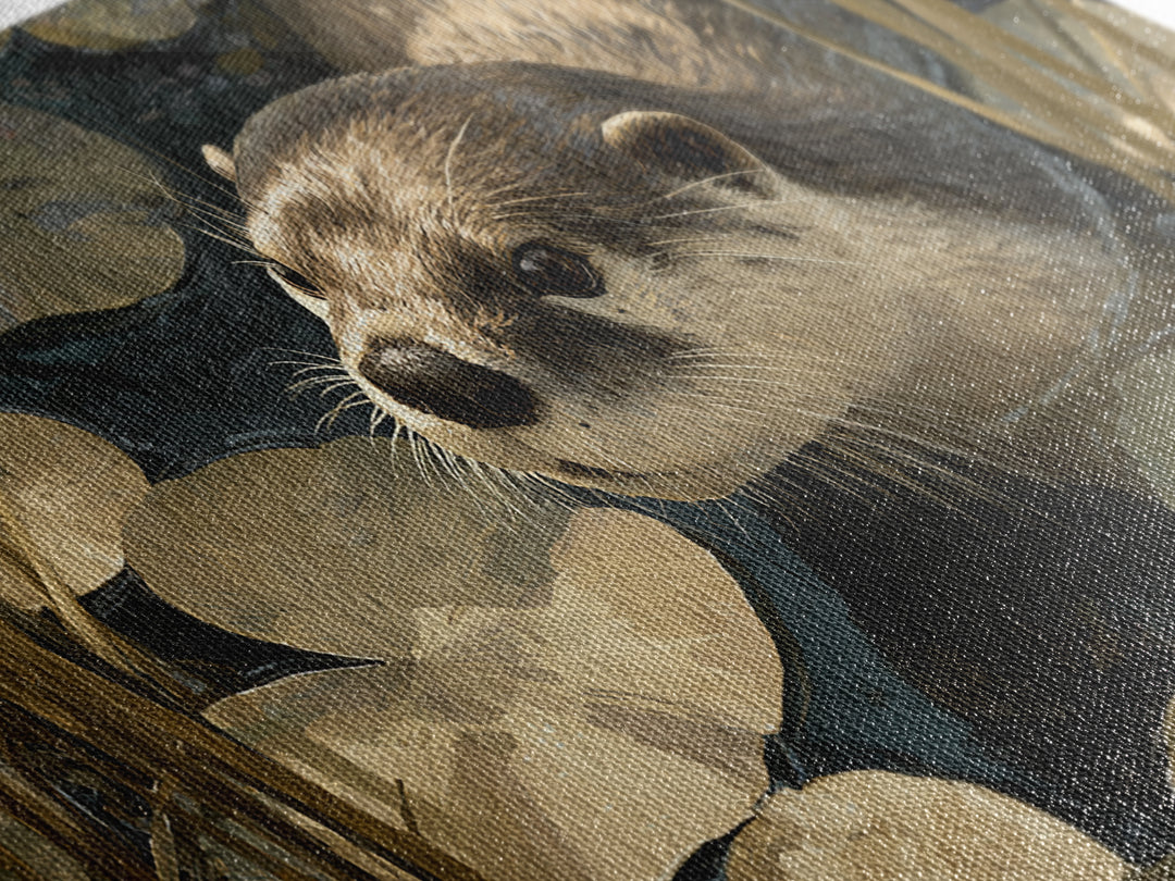 Playful Otter Floating Among Lily Pads Canvas Print, Animal Art, Decor, Living Room Decor, Fine Art, Creature, Digital Print, ANI-2x1-52