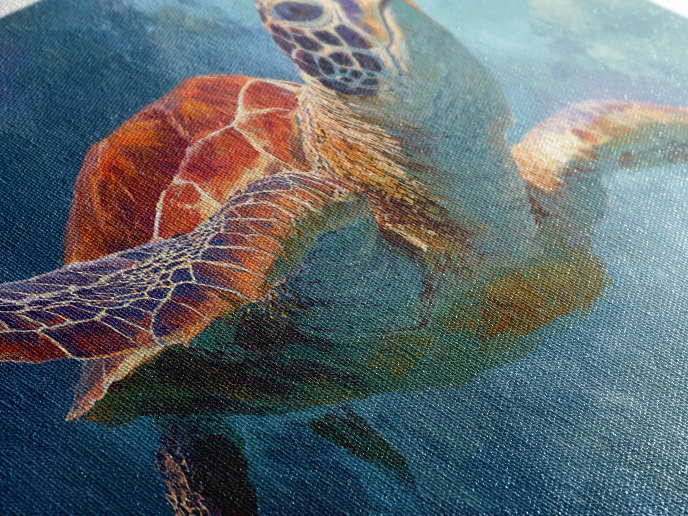 Sea Turtle Drifting Through Luminous Blue Water Canvas Print, Animal Art, Room Decor, Living Room Decor, Oil Painting, Creature, ANI-2x1-62
