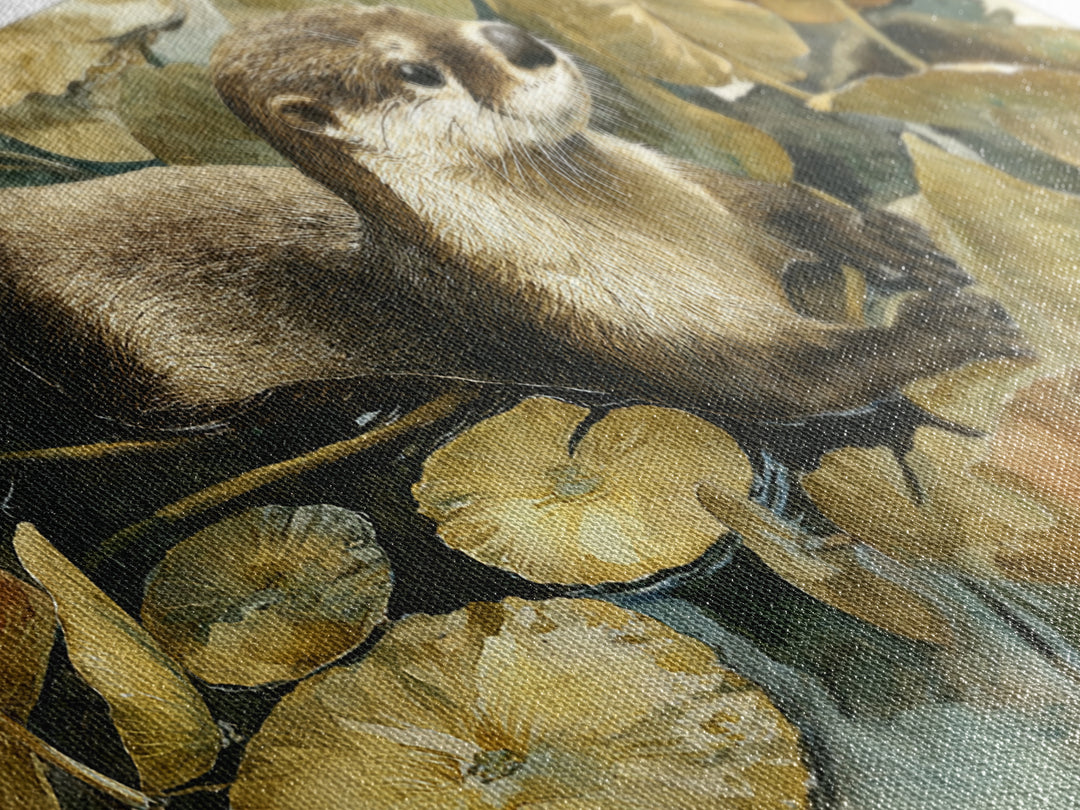 Playful Otter Floating Among Lily Pads Canvas Print, Animal Art, Nursery Wall Art, Living Room Decor, Fine Art, Creature, ANI-2x1-76