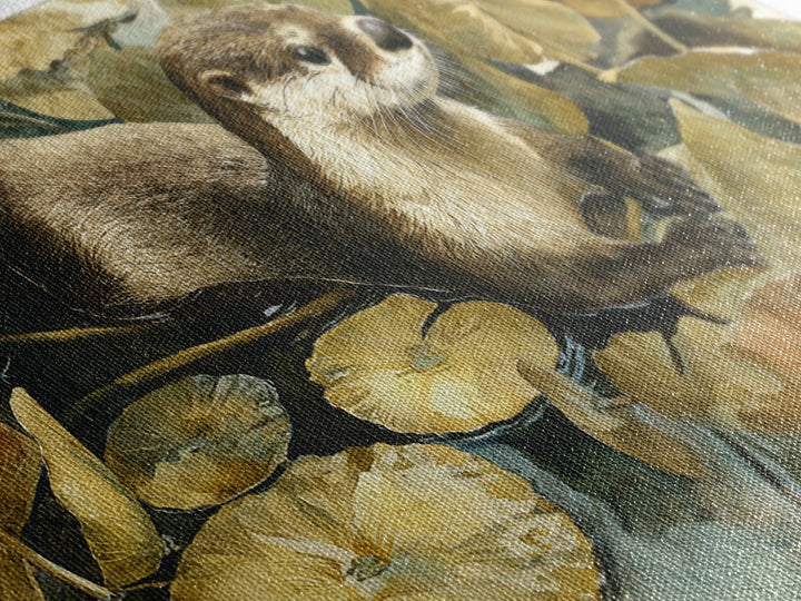 Playful Otter Floating Among Lily Pads Canvas Print, Animal Art, Nursery Wall Art, Living Room Decor, Fine Art, Creature, ANI-2x1-76