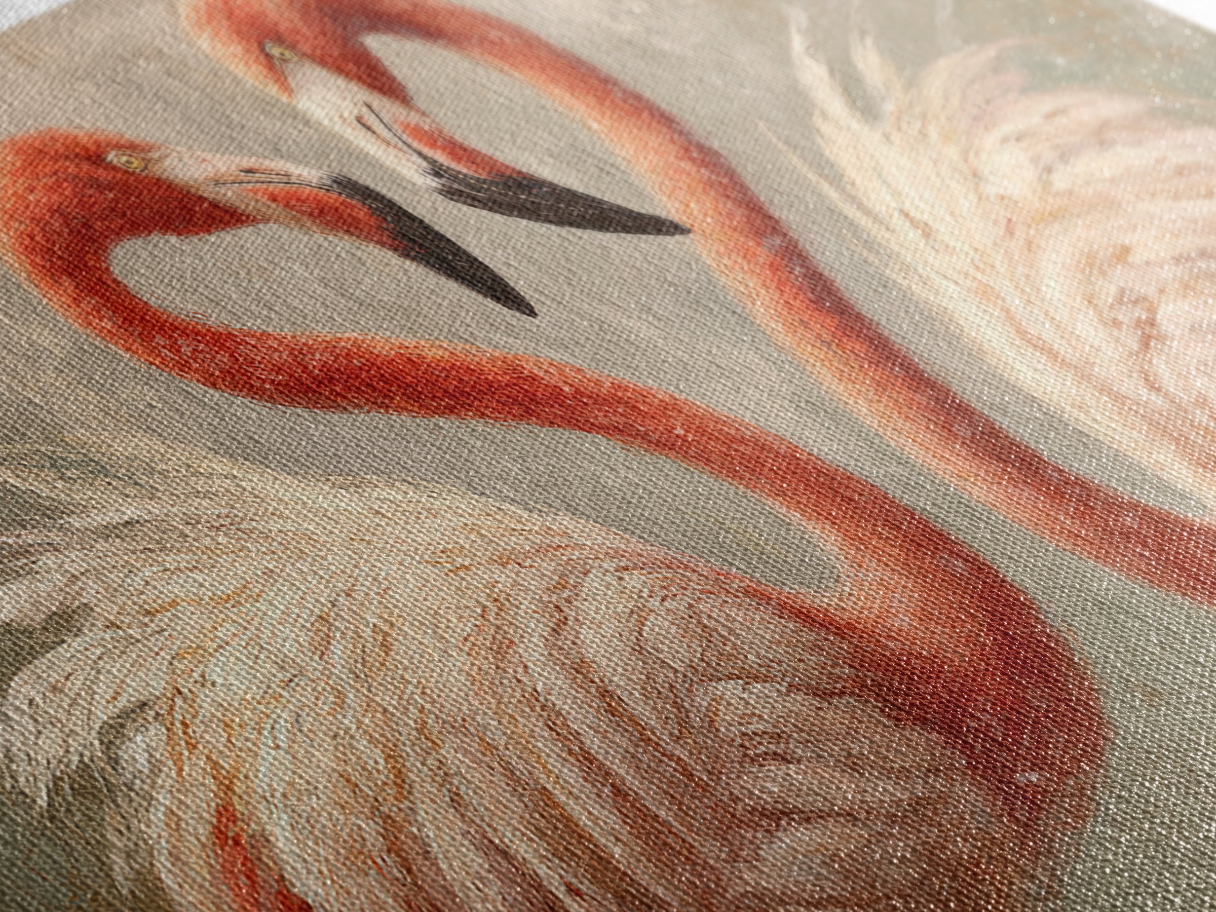 Flamingo Pair in Elegant Coral and Cream Framed Canvas Print, Animal Art, Living Room Decor, Fine Art, Creature, Fine Art Print, ANI-2x1-87