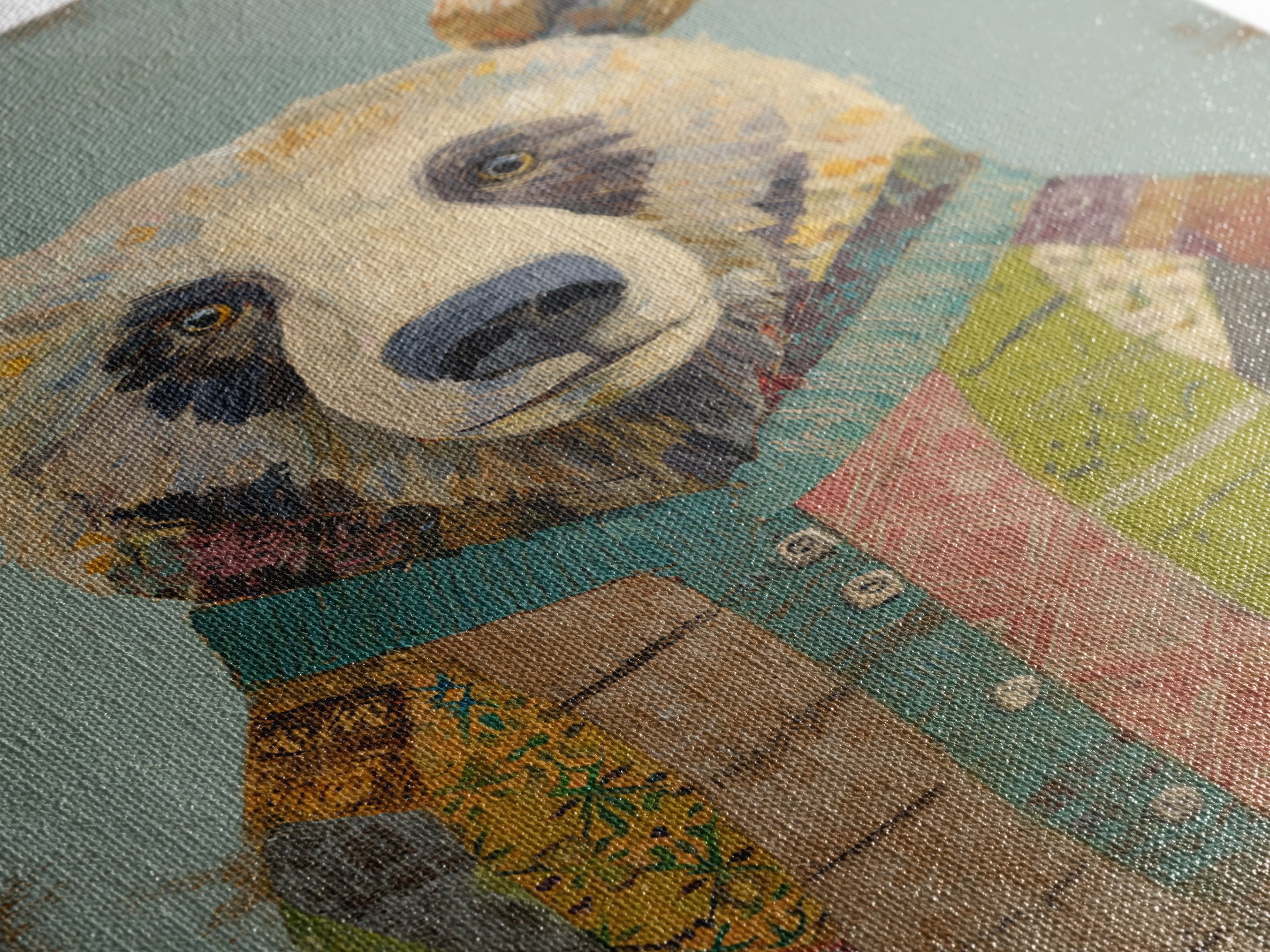 Whimsical Bear in a Patterned Sweater with Canvas Print, Animal Art, Luxury Decor, Living Room Decor, Fine Art, Creature, ANI-2x3-10