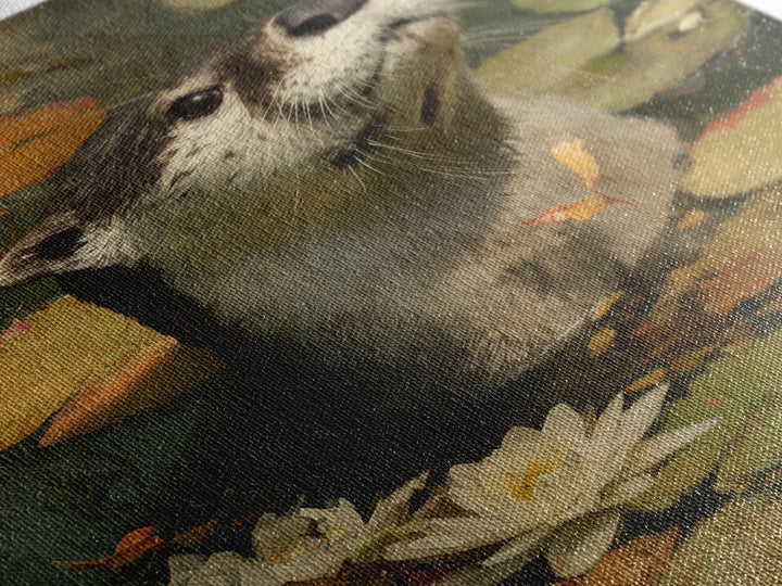 Playful Otter Floating Among Lily Pads Canvas Print, Animal Art, Boho Wall Art, Living Room Decor, Fine Art, Creature, ANI-2x3-16