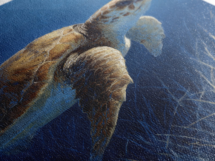 Sea Turtle Drifting Through Luminous Blue Water Framed Canvas Print, Animal Art, Boho Decor, Living Room Decor, Abstract Art, ANI-2x3-2