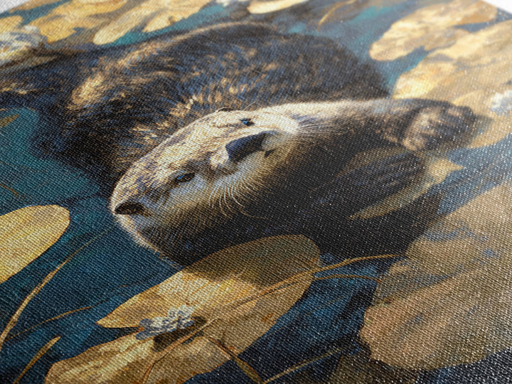Playful Otter Floating Among Lily Pads Canvas Print, Animal Art, Fine Art Print, Living Room Decor, Fine Art, Creature, ANI-2x3-40