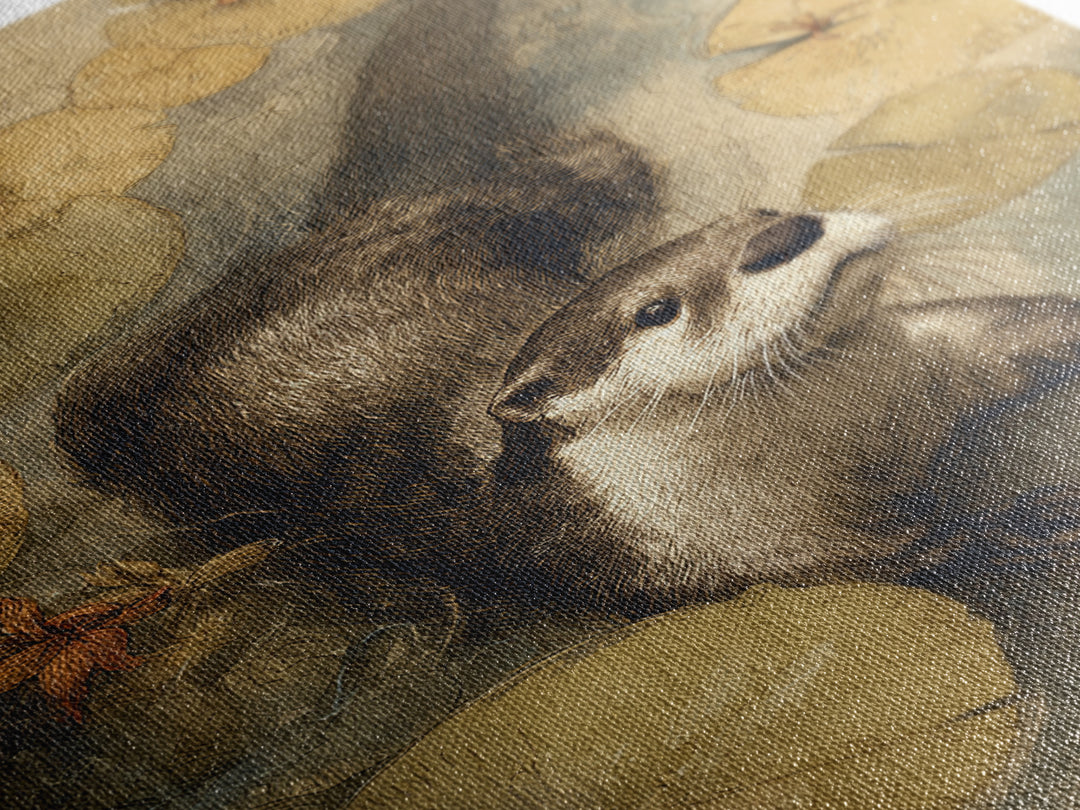 Playful Otter Floating Among Lily Pads Framed Canvas Print, Animal Art, Room Decor, Living Room Decor, Fine Art, Creature, ANI-2x3-64