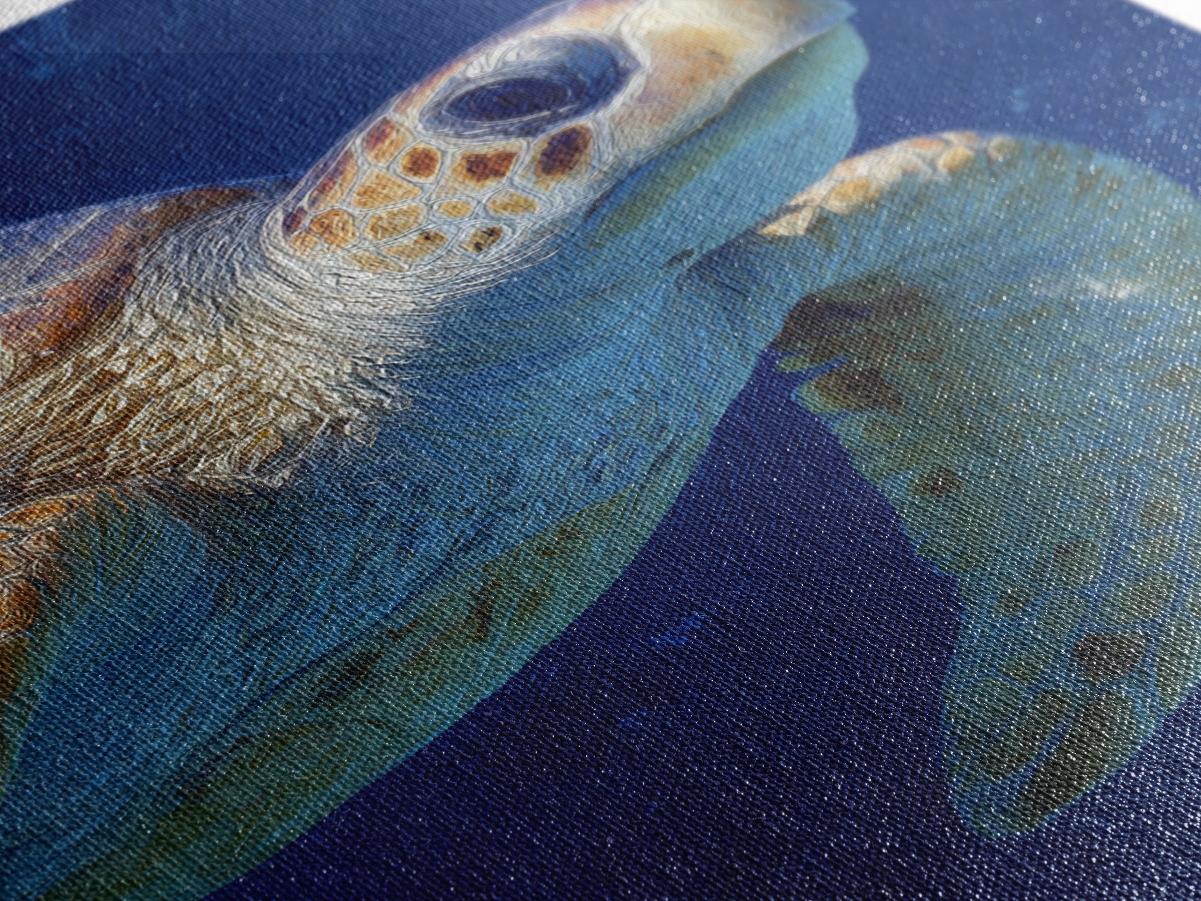 Sea Turtle Drifting Through Luminous Blue Water Framed Canvas Print, Animal Art, Living Room Decor, Watercolor Art, Creature, ANI-2x3-74