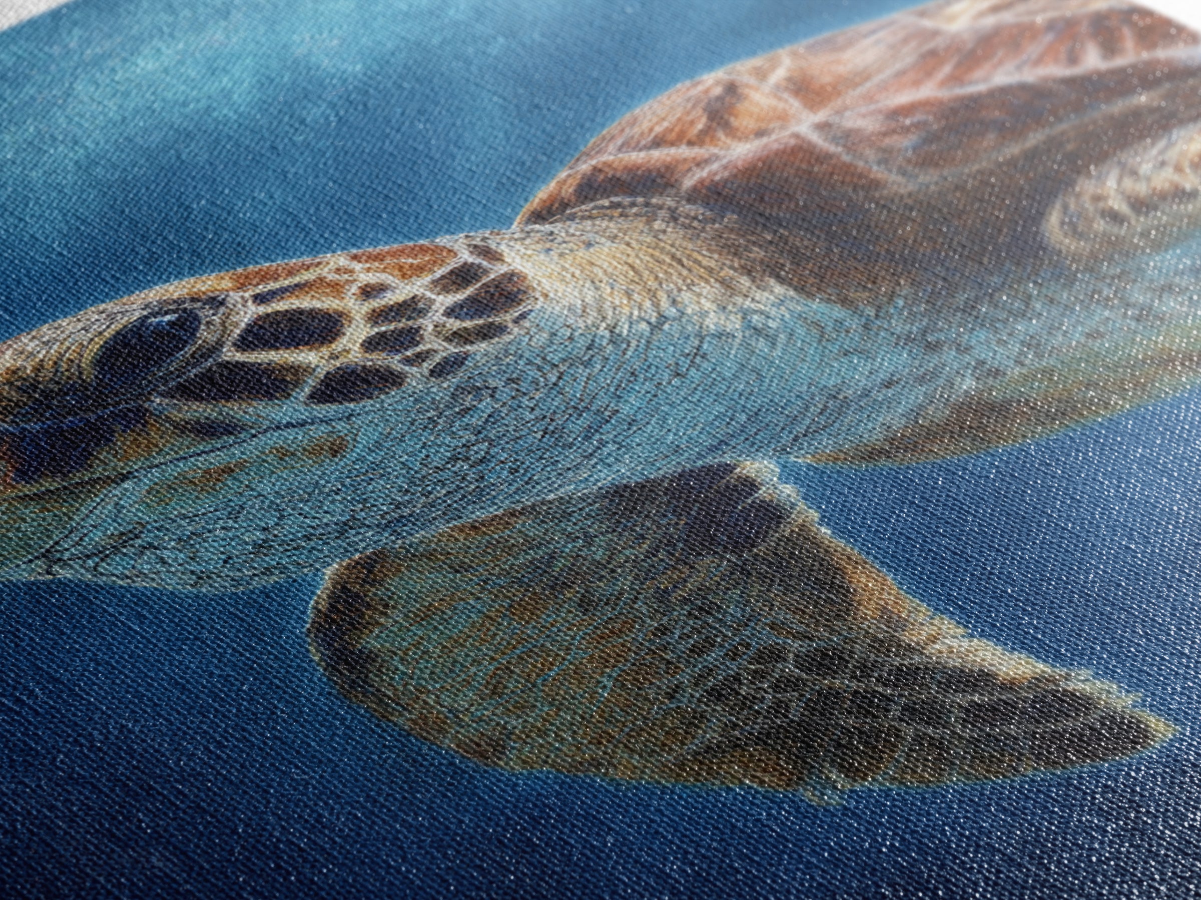 Sea Turtle Drifting Through Luminous Blue Water Framed Canvas Print, Animal Art, Living Room Decor, Watercolor Art, Creature, ANI-2x3-98