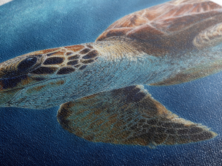 Sea Turtle Drifting Through Luminous Blue Water Framed Canvas Print, Animal Art, Living Room Decor, Watercolor Art, Creature, ANI-2x3-98