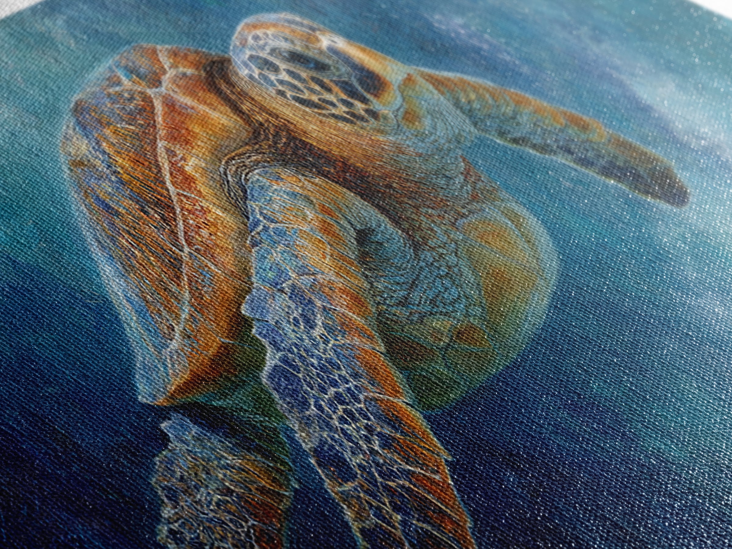Sea Turtle Drifting Through Luminous Blue Water Framed Canvas Print, Animal Art, Home Decor, Living Room Decor, Creature, ANI-3x1-10