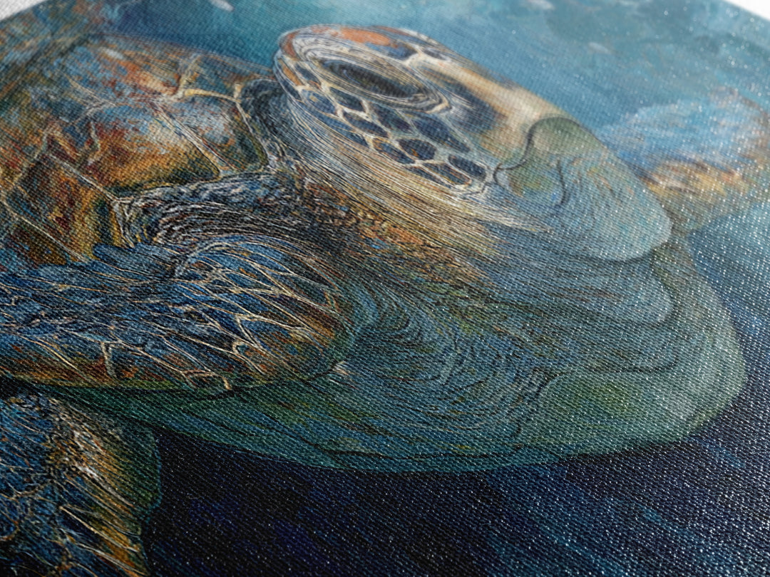 Sea Turtle Drifting Through Luminous Blue Water Canvas Print, Animal Art, Digital Art, Living Room Decor, Abstract Art, ANI-3x1-34