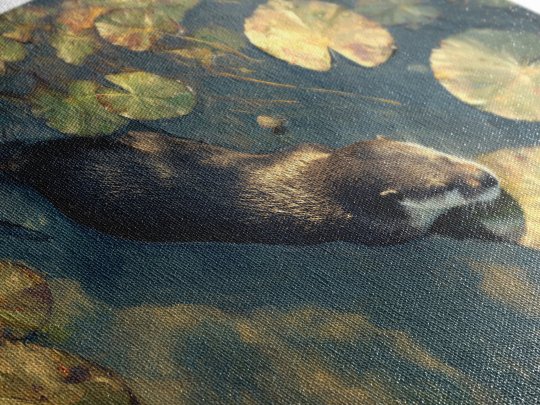 Playful Otter Floating Among Lily Pads Canvas Print, Animal Art, Nursery Decor, Living Room Decor, Fine Art, Creature, ANI-3x2-12