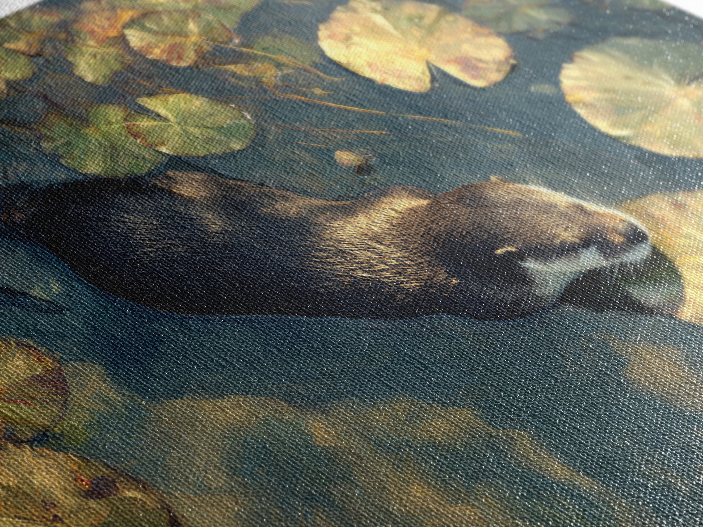 Playful Otter Floating Among Lily Pads Canvas Print, Animal Art, Nursery Decor, Living Room Decor, Fine Art, Creature, ANI-3x2-12