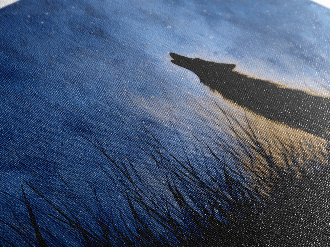 Wolf Silhouette Beneath a Star Filled Sky Framed Canvas Print, Animal Art, Decor, Living Room Decor, Fine Art, Creature, ANI-3x2-2