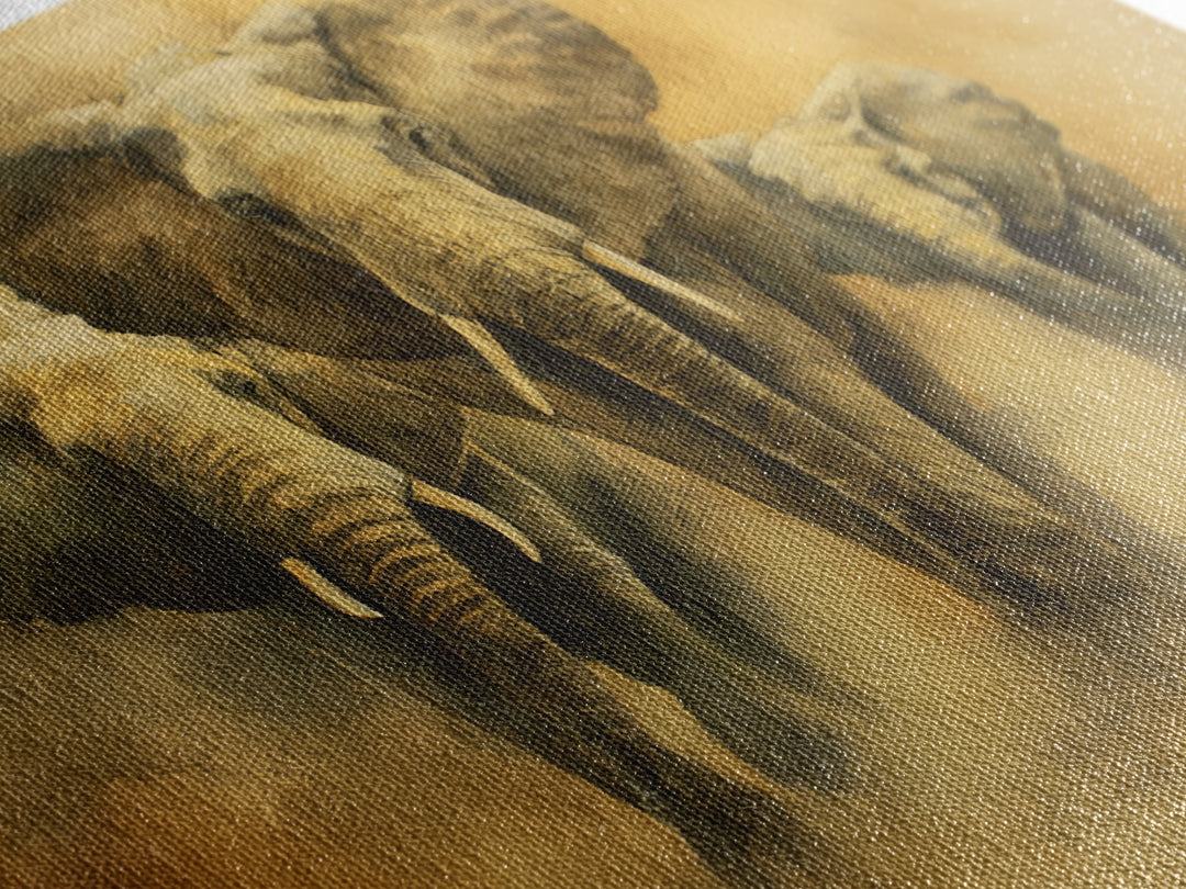 Elephant Family Walking Through Dusty Golden Light Canvas Print, Animal Art, Art Deco, Living Room Decor, Fine Art, Creature, ANI-3x2-42