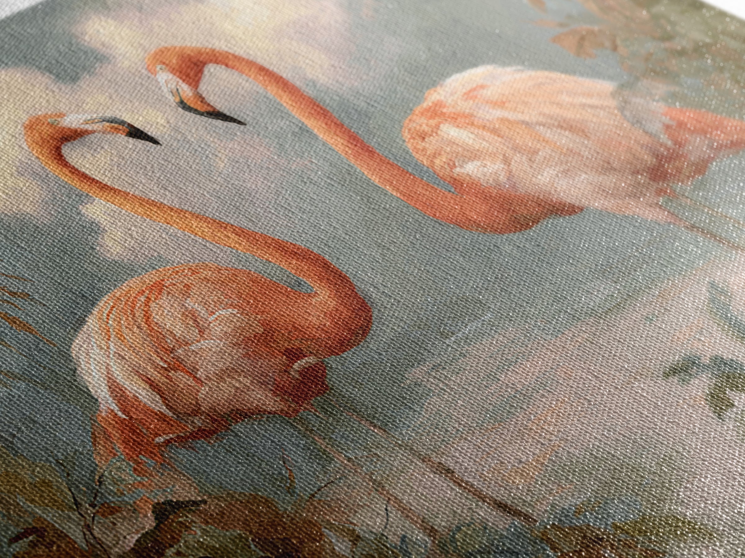 Flamingo Pair in Elegant Coral and Cream Framed Canvas Print, Animal Art, Room Decor, Living Room Decor, Oil Painting, Creature, ANI-3x2-47