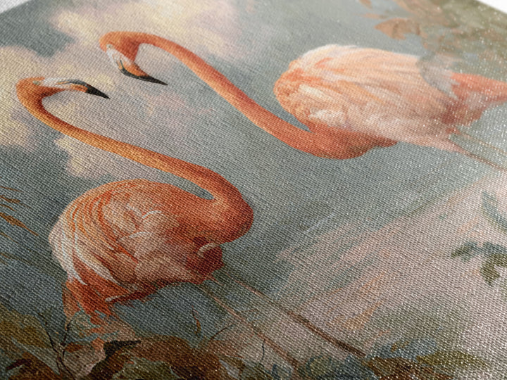 Flamingo Pair in Elegant Coral and Cream Framed Canvas Print, Animal Art, Room Decor, Living Room Decor, Oil Painting, Creature, ANI-3x2-47