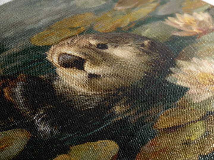 Playful Otter Floating Among Lily Pads Framed Canvas Print, Animal Art, Downloadable Art, Living Room Decor, Fine Art, Creature, ANI-3x2-60