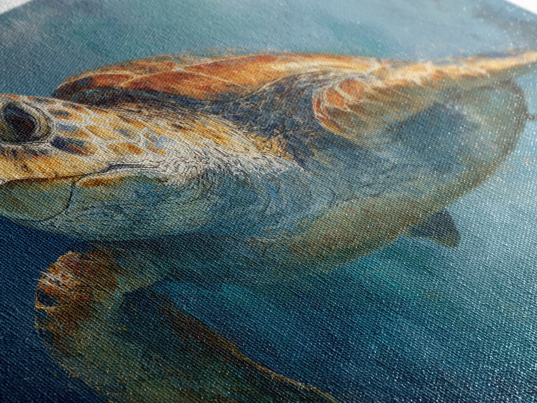 Sea Turtle Drifting Through Luminous Blue Water Framed Canvas Print, Animal Art, Original Art, Living Room Decor, Creature, ANI-3x2-70