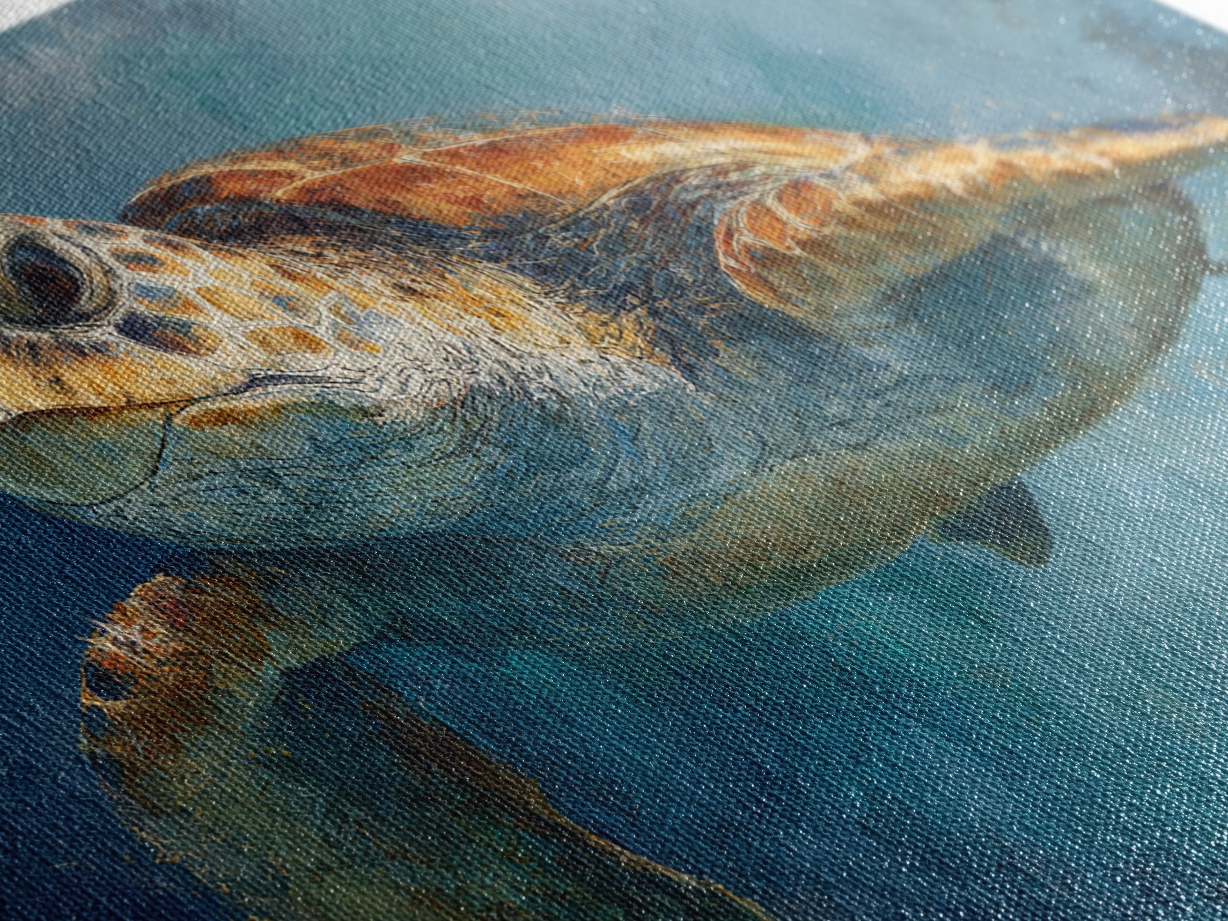 Sea Turtle Drifting Through Luminous Blue Water Framed Canvas Print, Animal Art, Original Art, Living Room Decor, Creature, ANI-3x2-70