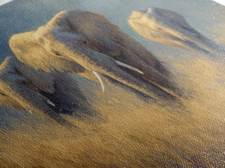 Elephant Family Walking Through Dusty Golden Light Canvas Print, Animal Art, Farmhouse Decor, Living Room Decor, Creature, ANI-3x2-90