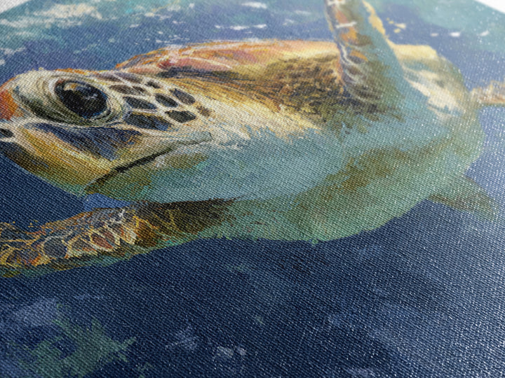 Sea Turtle Drifting Through Luminous Blue Water Canvas Print, Animal Art, Nursery, Living Room Decor, Abstract Art, Creature, ANI-3x2-94