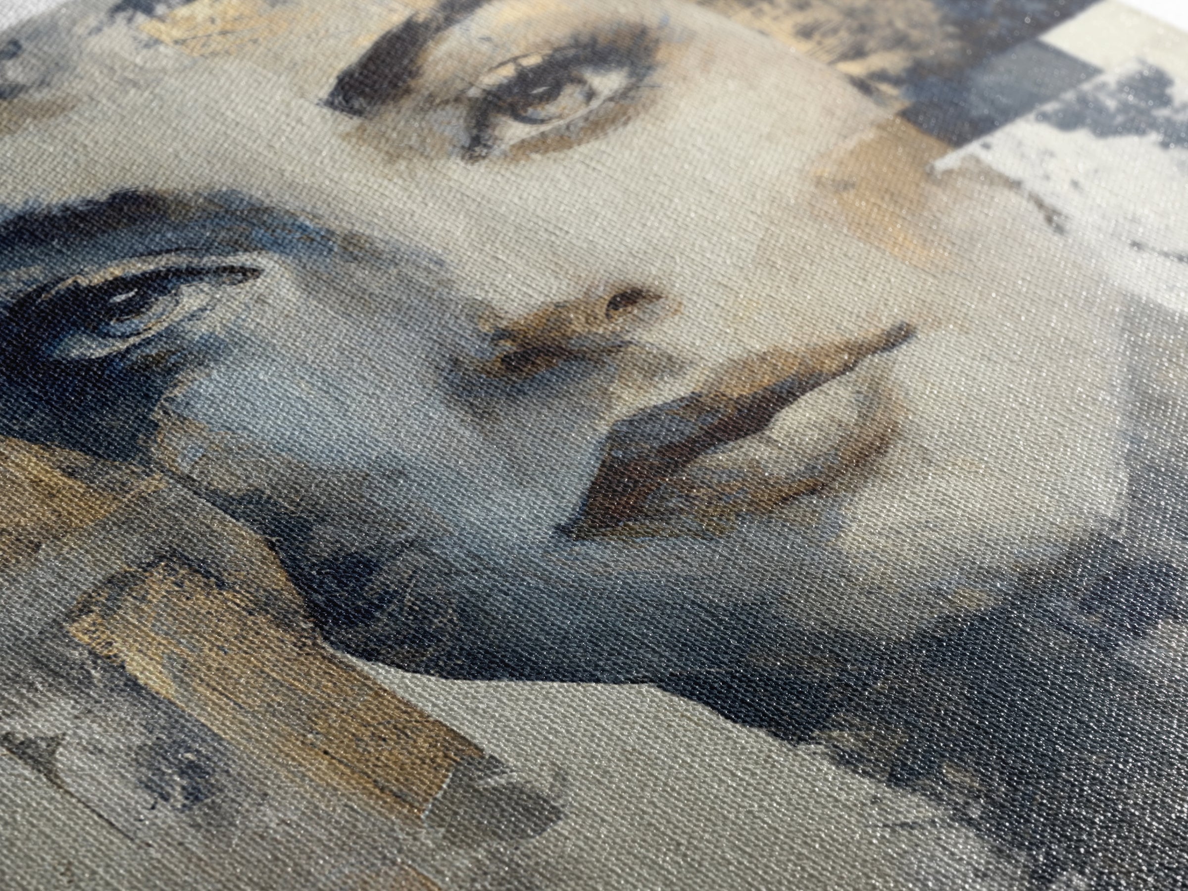 Expressive Portrait with Dramatic Light and Textured Framed Canvas Print, Art, Ai Art, Living Room Decor, Fine Art, ART-1x1-52