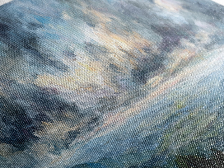 Dramatic Cloudscape over a Distant Valley Canvas Print, Above Sofa Art, Coastal Wall Art, Living Room Decor, Oil Painting, ASA-3x1-93