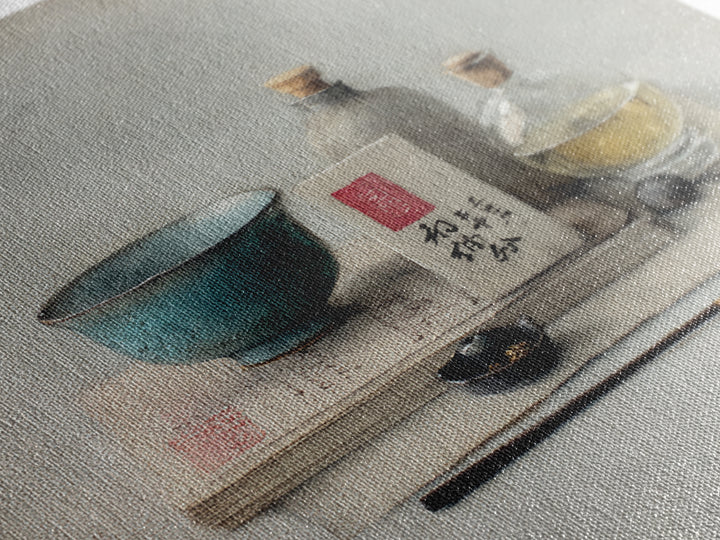 Tea Bowl and Steam Still Life on Canvas Print, Asian Inspired Art, Bird Art, Living Room Decor, Oil Painting, Harmony, ASI-1x1-15