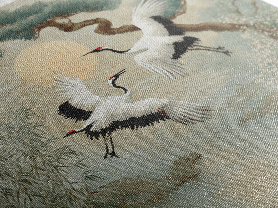 Red Crowned Cranes Flying Through Misty Pine Canvas Print, Asian Inspired Art, Modern Decor, Living Room Decor, Harmony, ASI-1x1-49
