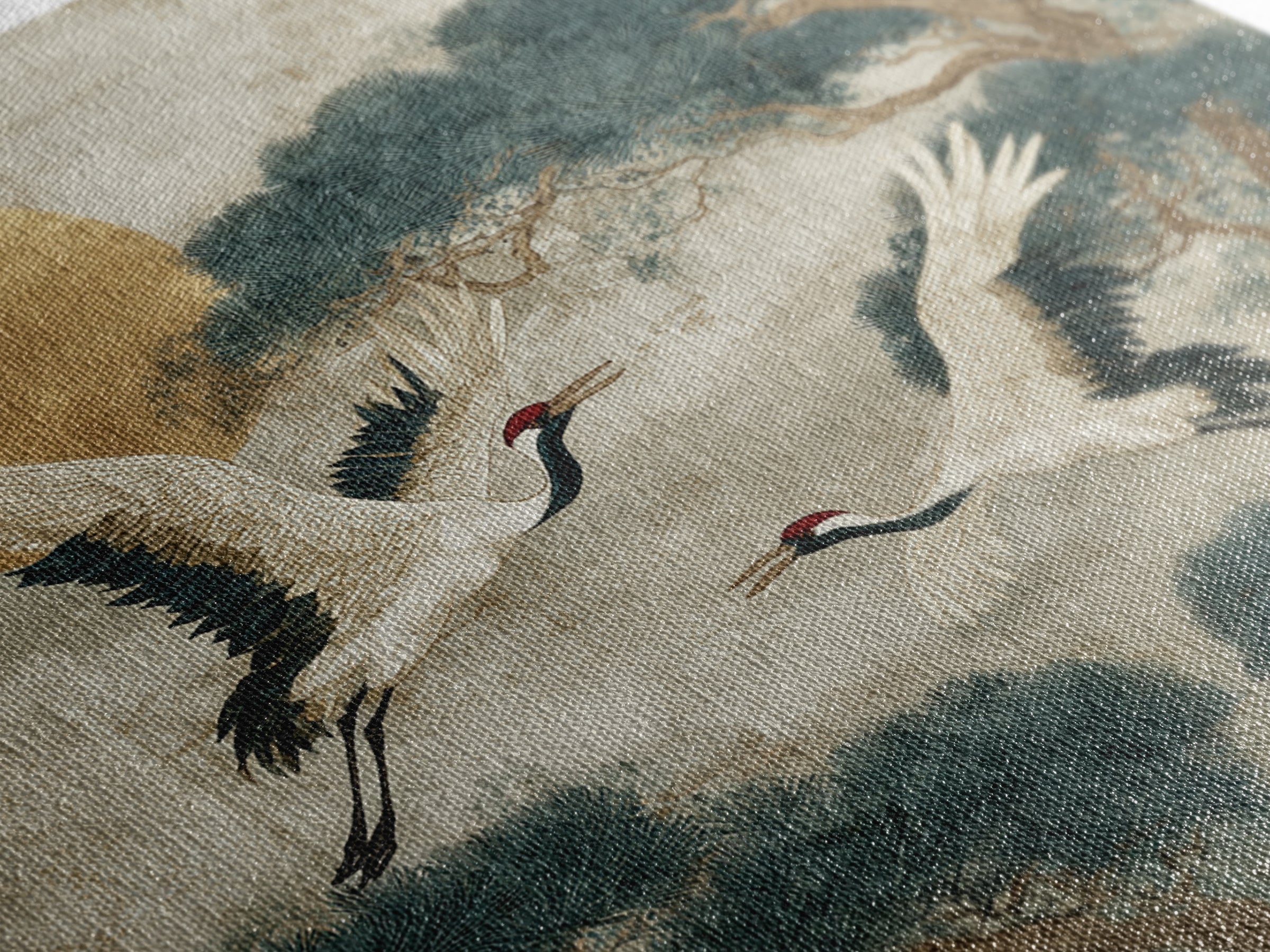 Red Crowned Cranes Flying Through Misty Pine Canvas Print, Asian Inspired Art, Art Print, Living Room Decor, Harmony, ASI-1x1-73