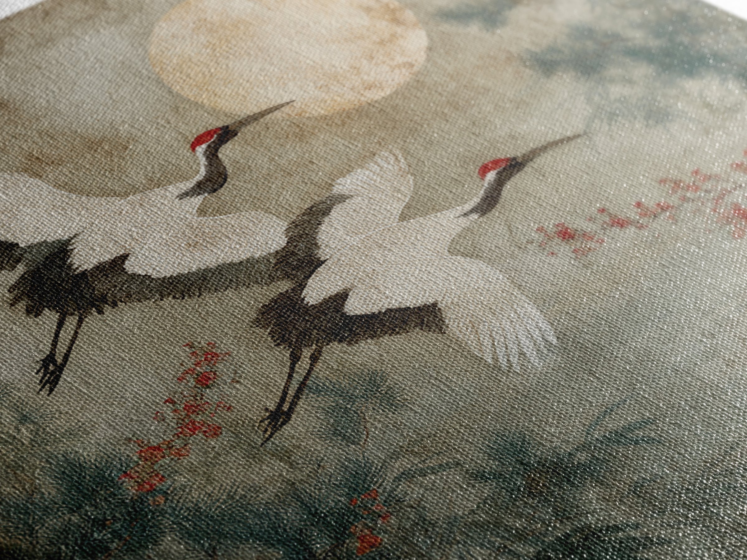 Red Crowned Cranes Flying Through Misty Pine Canvas Print, Asian Inspired Art, Wall Art, Living Room Decor, Oil Painting, ASI-1x1-97