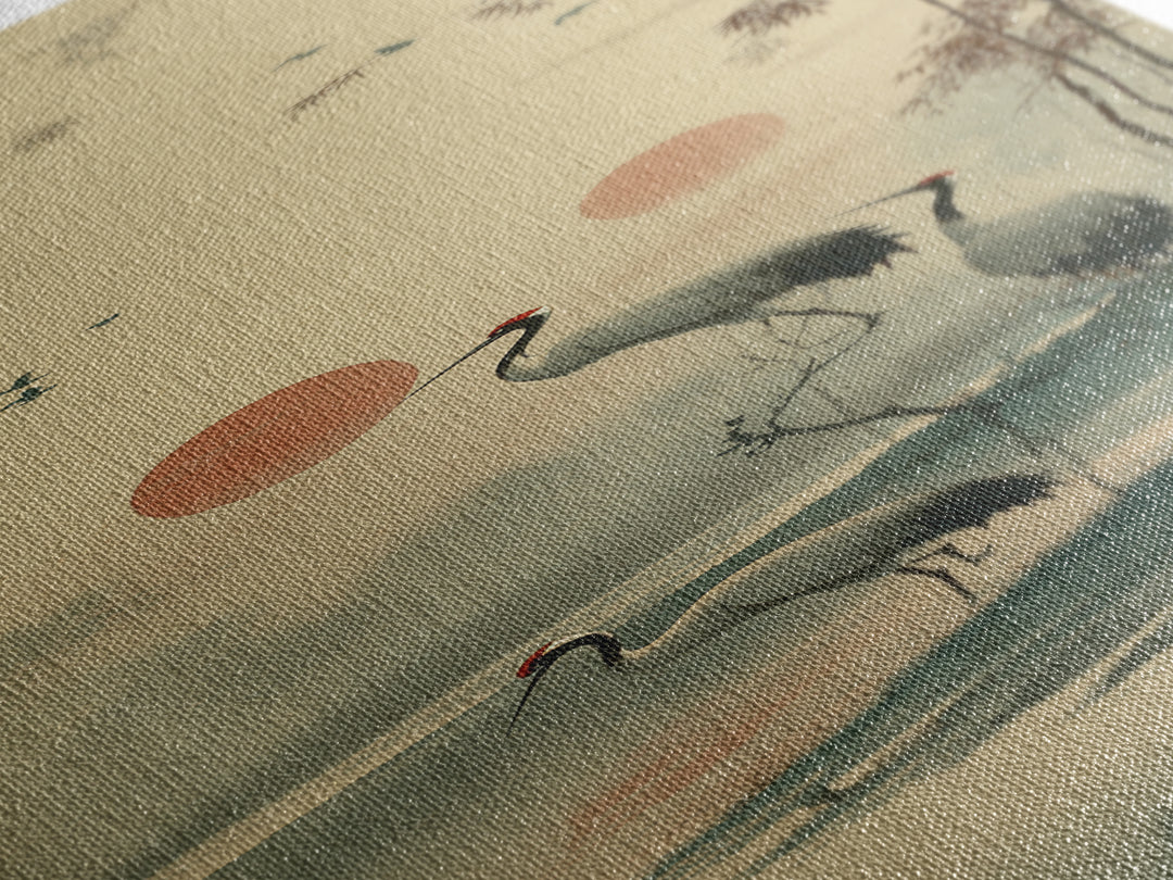 Crane and Moon Composition Canvas Print, Asian Inspired Art, Boho Decor, Living Room Decor, Oil Painting, Harmony, Digital Art, ASI-1x3-12
