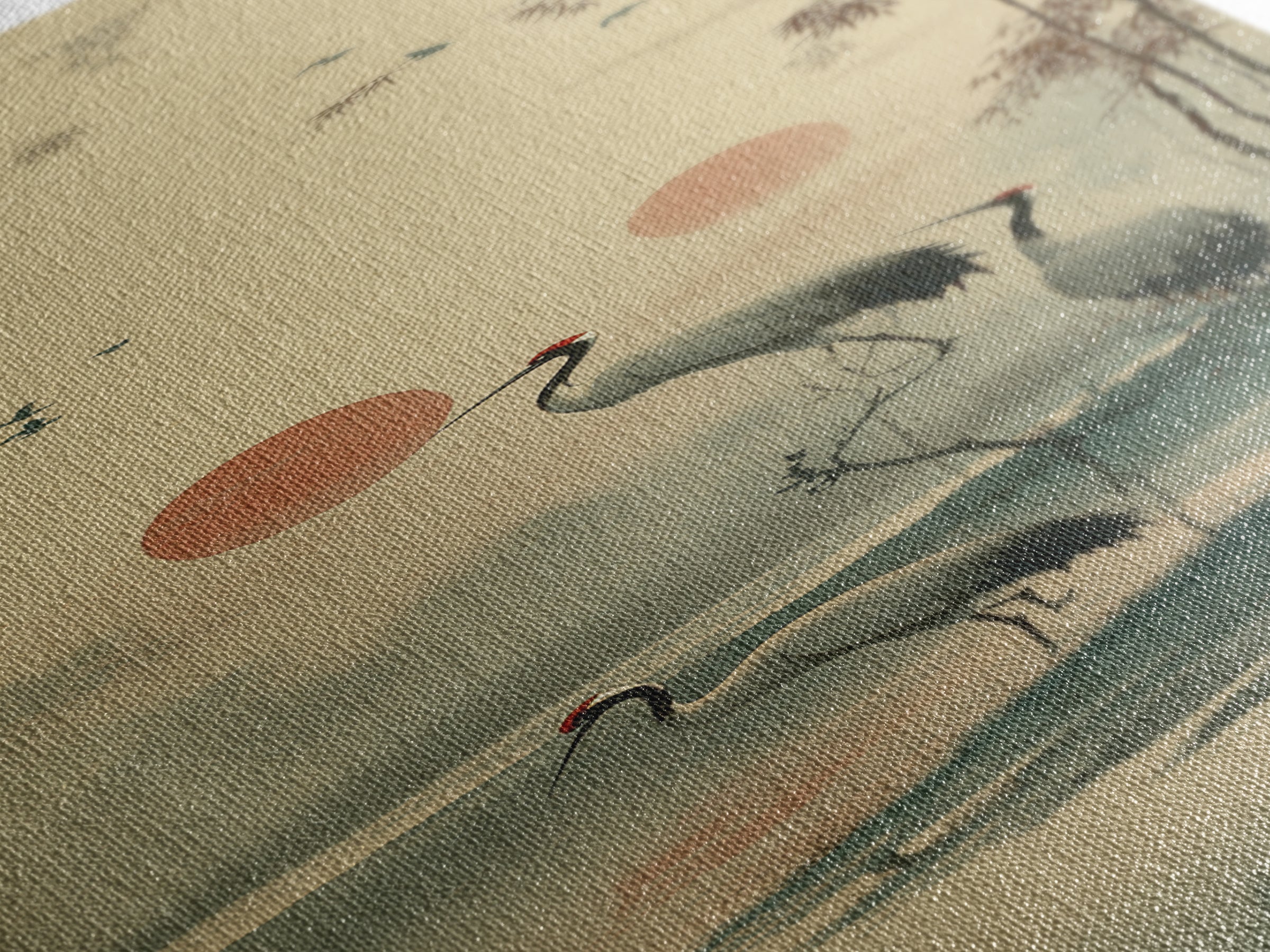 Crane and Moon Composition Canvas Print, Asian Inspired Art, Boho Decor, Living Room Decor, Oil Painting, Harmony, Digital Art, ASI-1x3-12