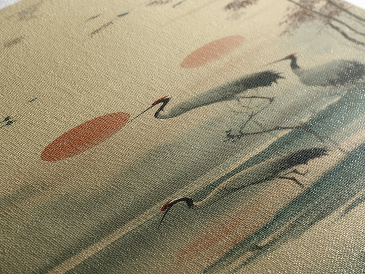 Crane and Moon Composition Canvas Print, Asian Inspired Art, Boho Decor, Living Room Decor, Oil Painting, Harmony, Digital Art, ASI-1x3-12