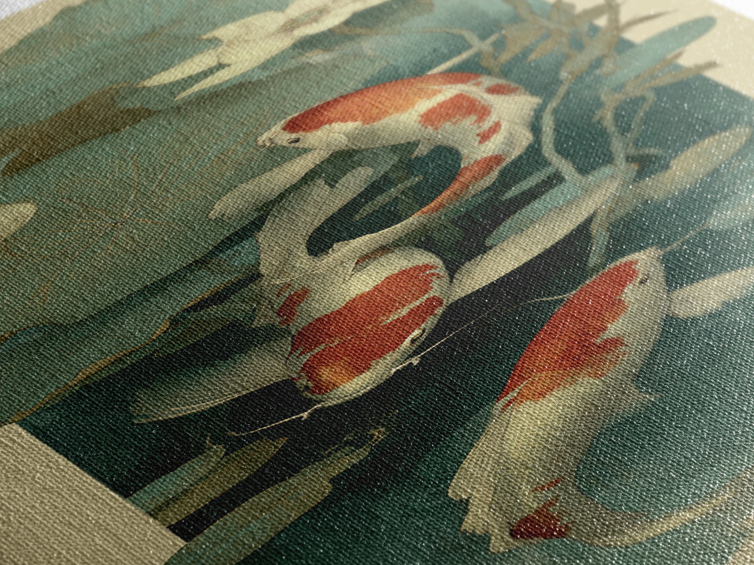 Koi Fish Circling Beneath Floating Lotus Blossoms Canvas Print, Asian Inspired Art, Luxury Decor, Living Room Decor, Harmony, ASI-1x3-86