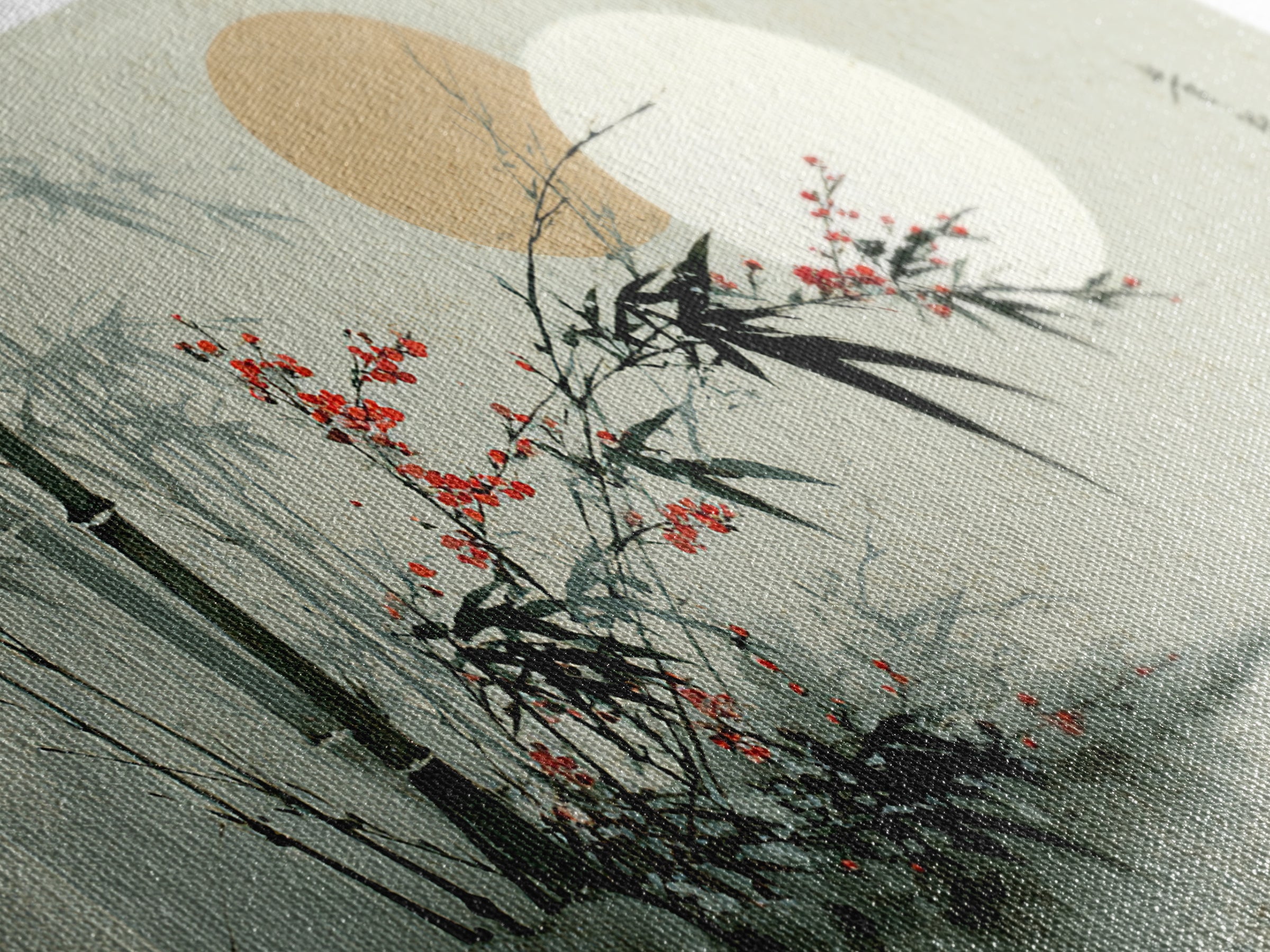 Golden Moon Behind Bamboo Silhouettes Canvas Print, Asian Inspired Art, Art Nouveau, Living Room Decor, Fine Art, Harmony, ASI-2x1-49