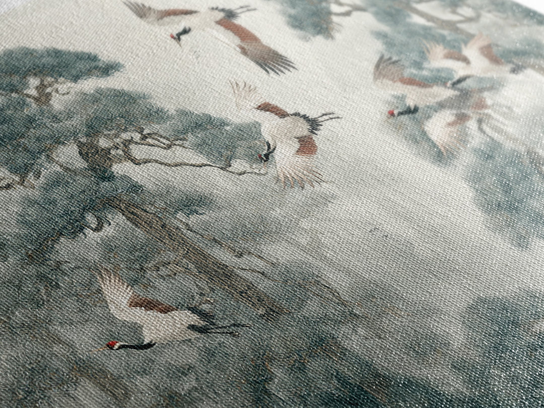Red Crowned Cranes Flying Through Misty Pine Canvas Print, Asian Inspired Art, Japanese Art, Living Room Decor, Harmony, ASI-2x1-69