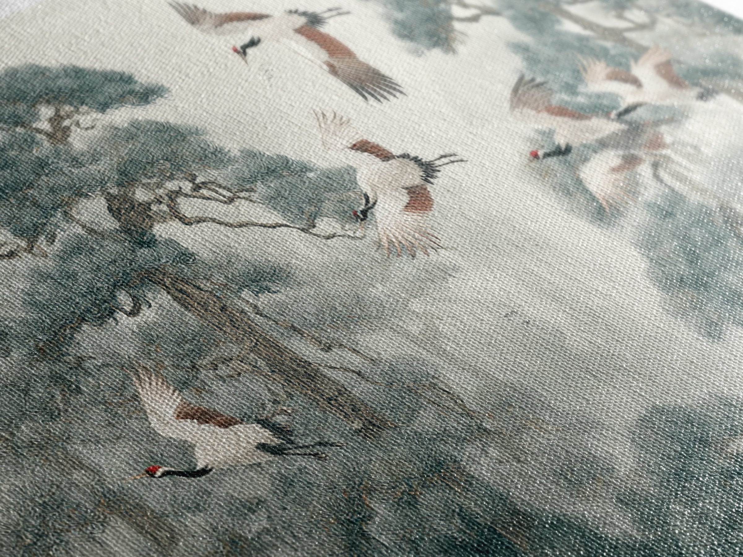 Red Crowned Cranes Flying Through Misty Pine Canvas Print, Asian Inspired Art, Japanese Art, Living Room Decor, Harmony, ASI-2x1-69