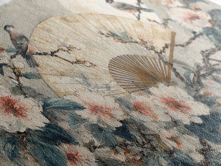 Fan Shaped Composition of Blossoms and Birds Canvas Print, Asian Inspired Art, Unique Wall Art, Living Room Decor, Harmony, ASI-2x1-85