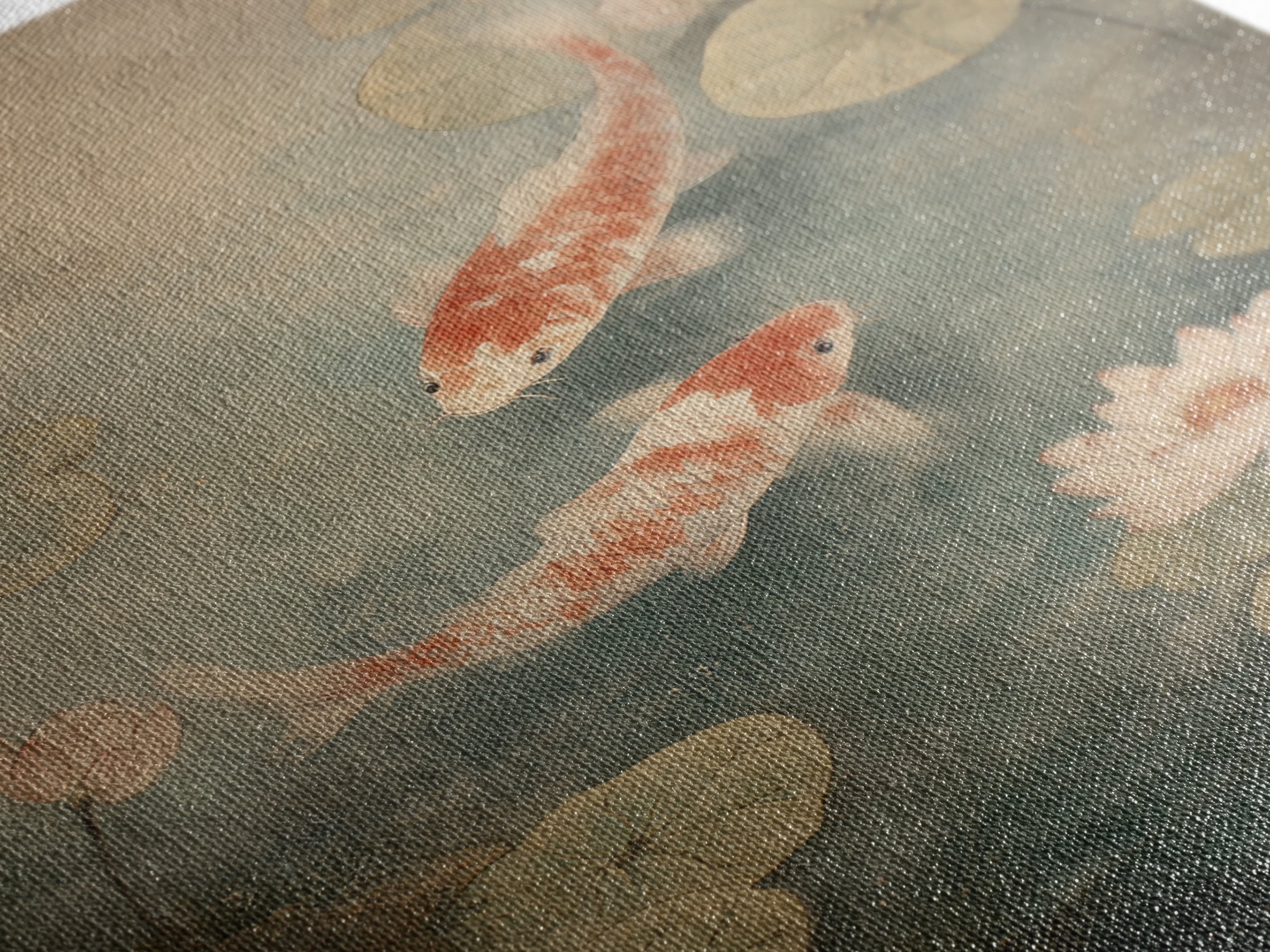 Koi Fish Circling Beneath Floating Lotus Blossoms Canvas Print, Asian Inspired Art, Luxury Decor, Living Room Decor, Harmony, ASI-2x3-10