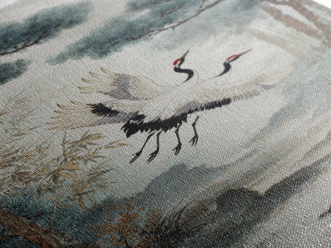Red Crowned Cranes Flying Through Misty Pine Canvas Print, Asian Inspired Art, Printable Art, Living Room Decor, Harmony, ASI-2x3-33