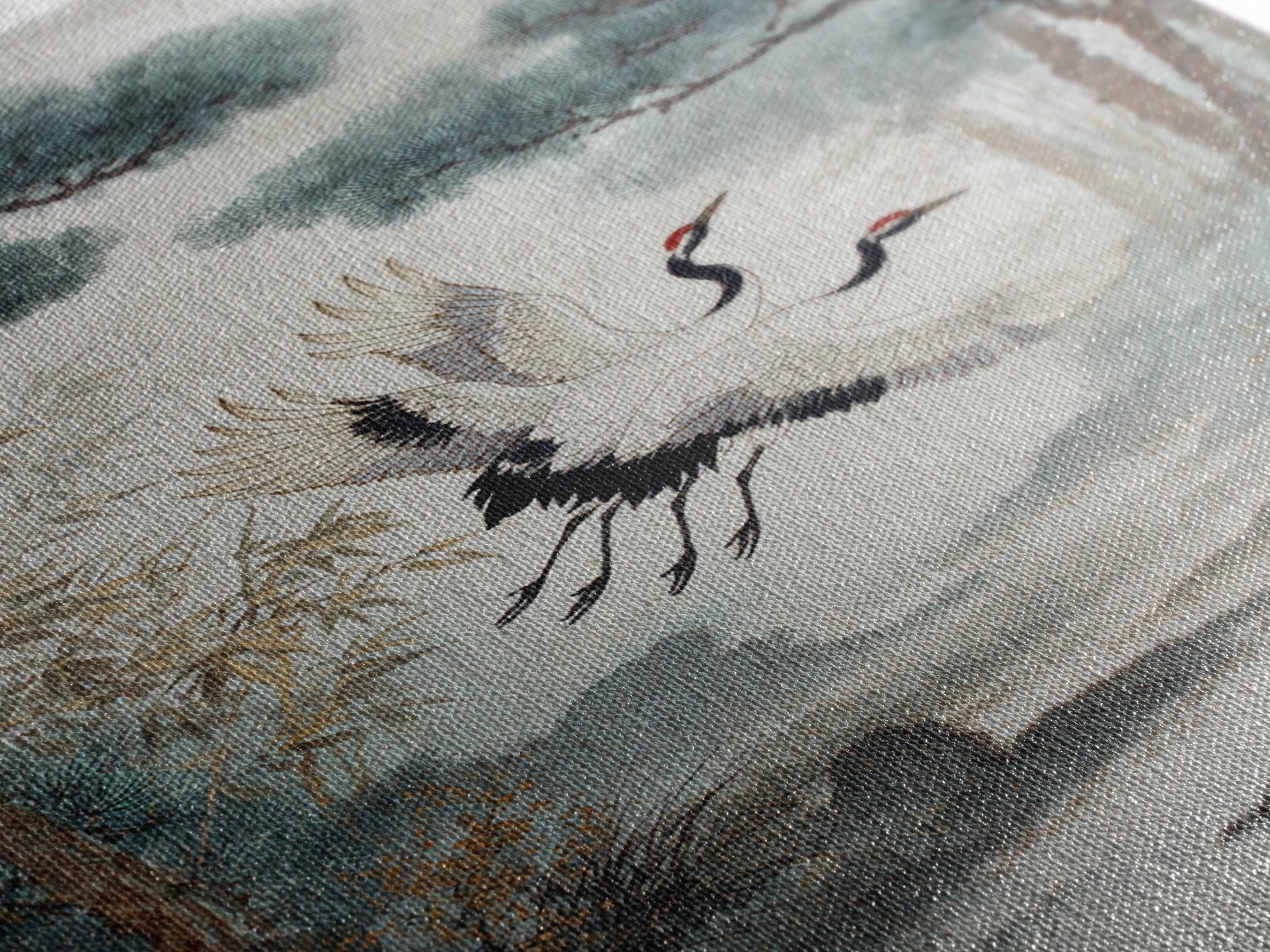 Red Crowned Cranes Flying Through Misty Pine Canvas Print, Asian Inspired Art, Printable Art, Living Room Decor, Harmony, ASI-2x3-33