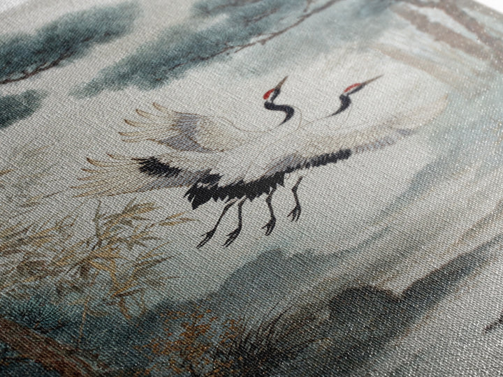 Red Crowned Cranes Flying Through Misty Pine Canvas Print, Asian Inspired Art, Printable Art, Living Room Decor, Harmony, ASI-2x3-33