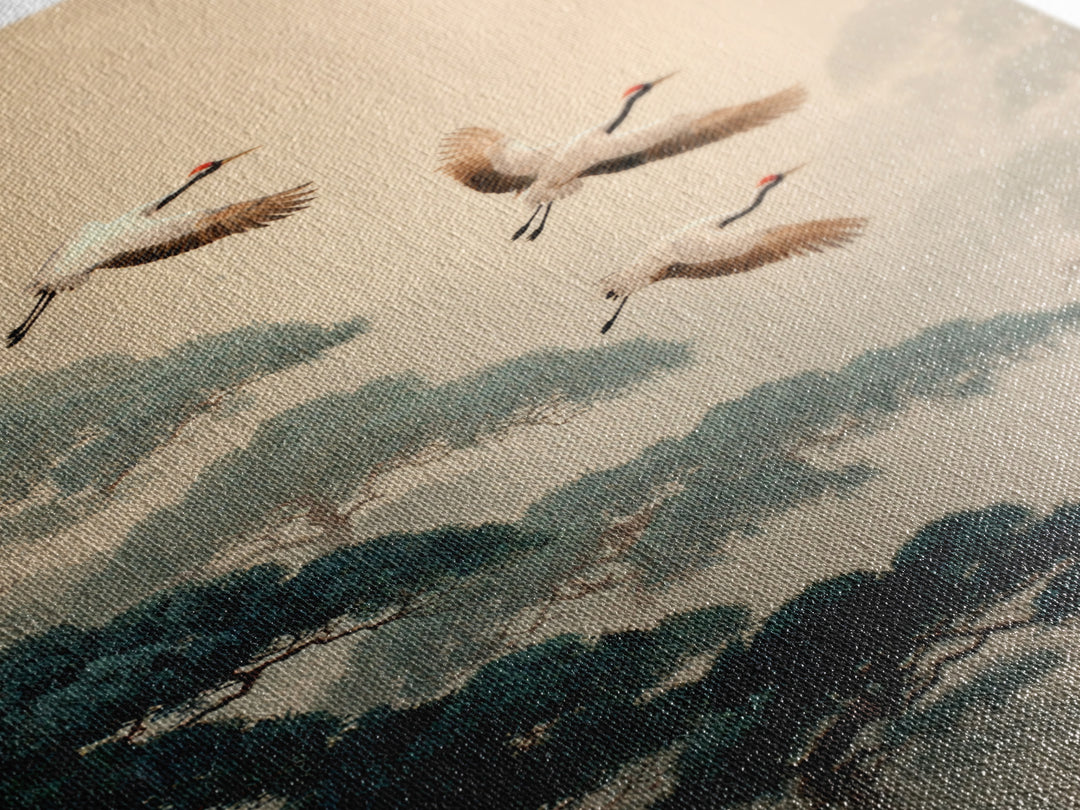 Red Crowned Cranes Flying Through Misty Pine Canvas Print, Asian Inspired Art, Bedroom Wall Decor, Living Room Decor, Harmony, ASI-2x3-57