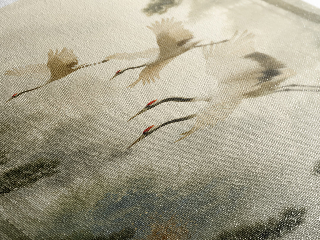 Red Crowned Cranes Flying Through Misty Pine Canvas Print, Asian Inspired Art, Poster, Living Room Decor, Fine Art, Harmony, ASI-2x3-9