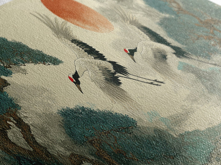 Red Crowned Cranes Flying Through Misty Pine Canvas Print, Asian Inspired Art, Aesthetic Wall Art, Living Room Decor, Harmony, ASI-3x1-41