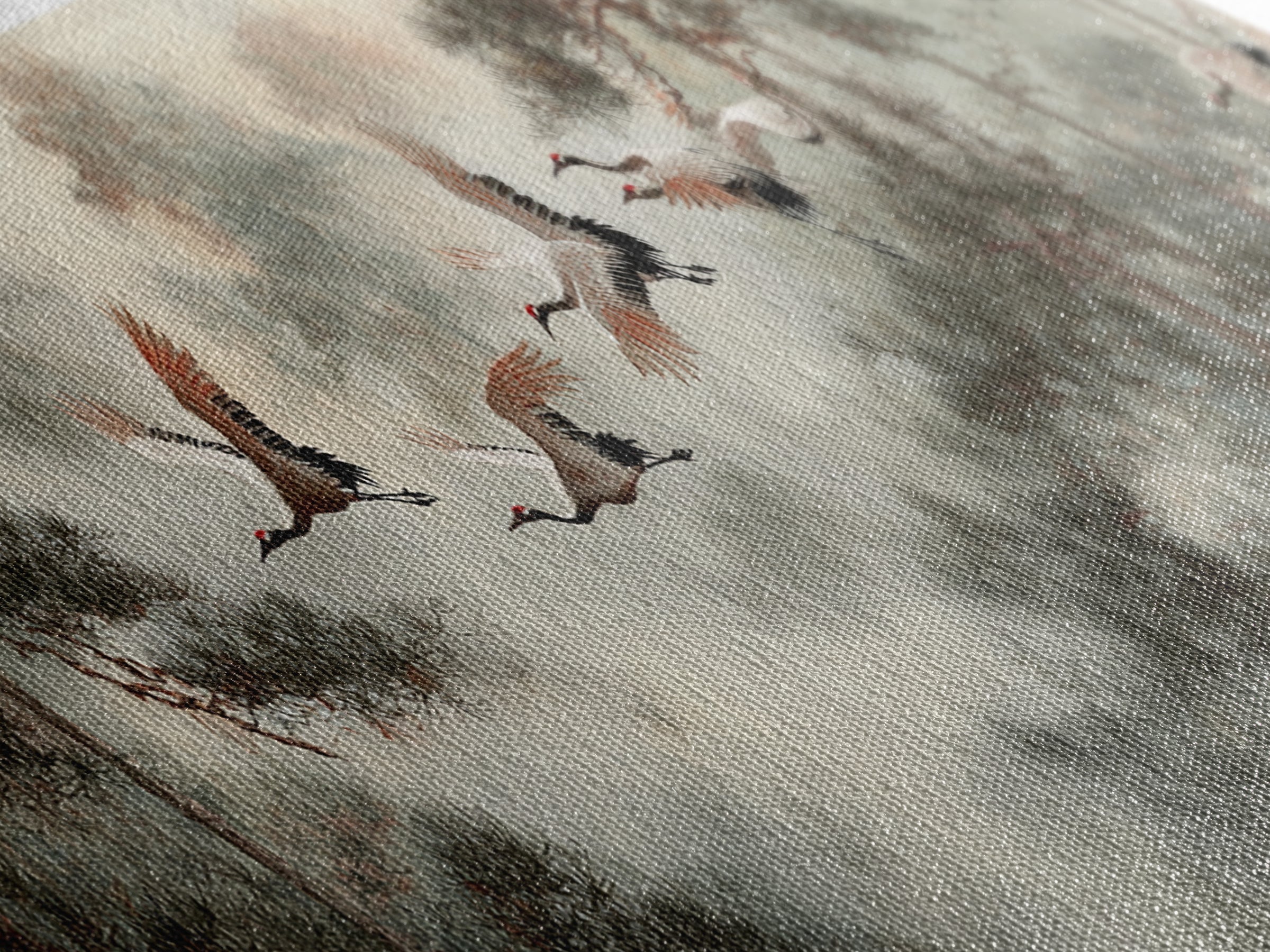 Red Crowned Cranes Flying Through Misty Pine Canvas Print, Asian Inspired Art, Aesthetic Wall Art, Living Room Decor, Harmony, ASI-3x1-65