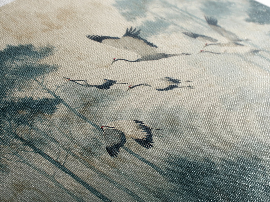 Red Crowned Cranes Flying Through Misty Pine Framed Canvas Print, Asian Inspired Art, Indian Art, Living Room Decor, Harmony, ASI-3x2-5