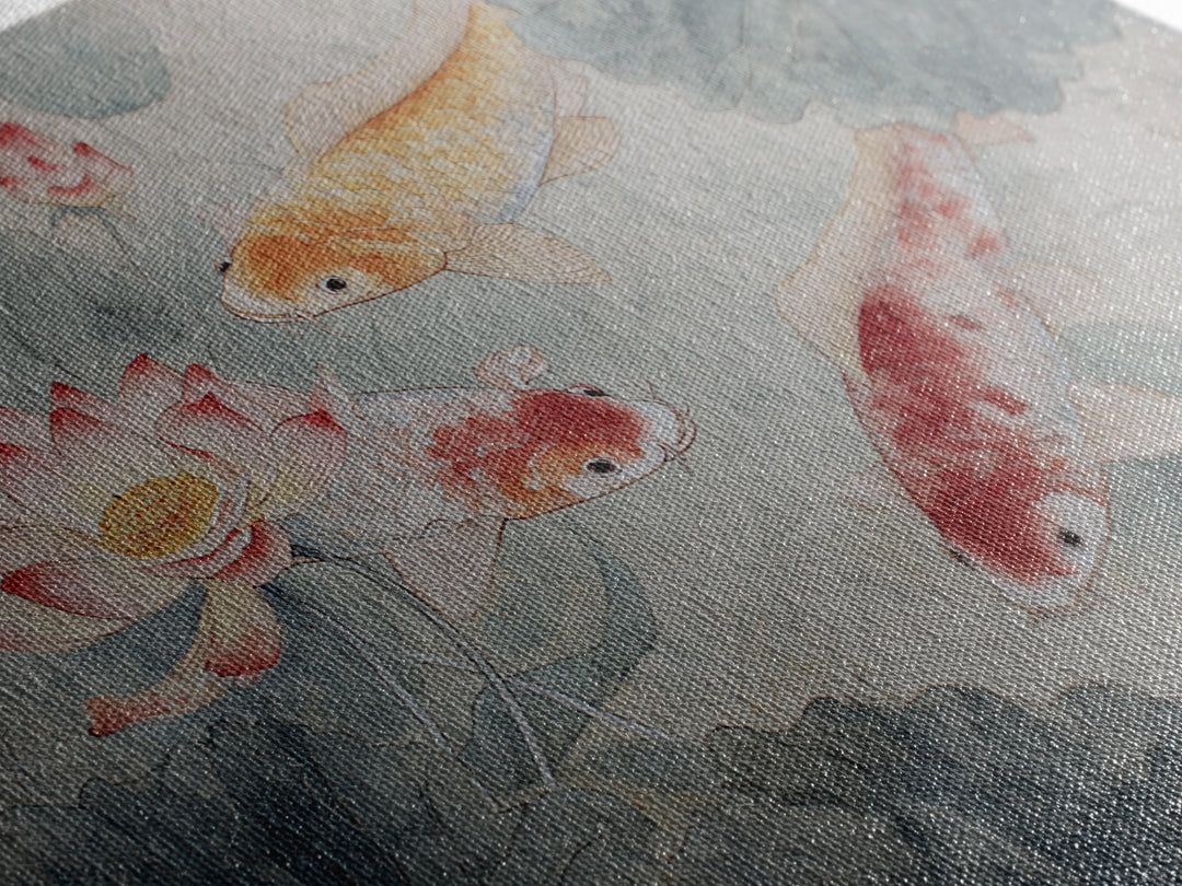 Koi Fish Circling Beneath Floating Lotus Blossoms Canvas Print, Asian Inspired Art, Digital Download Art, Living Room Decor, ASI-3x2-54